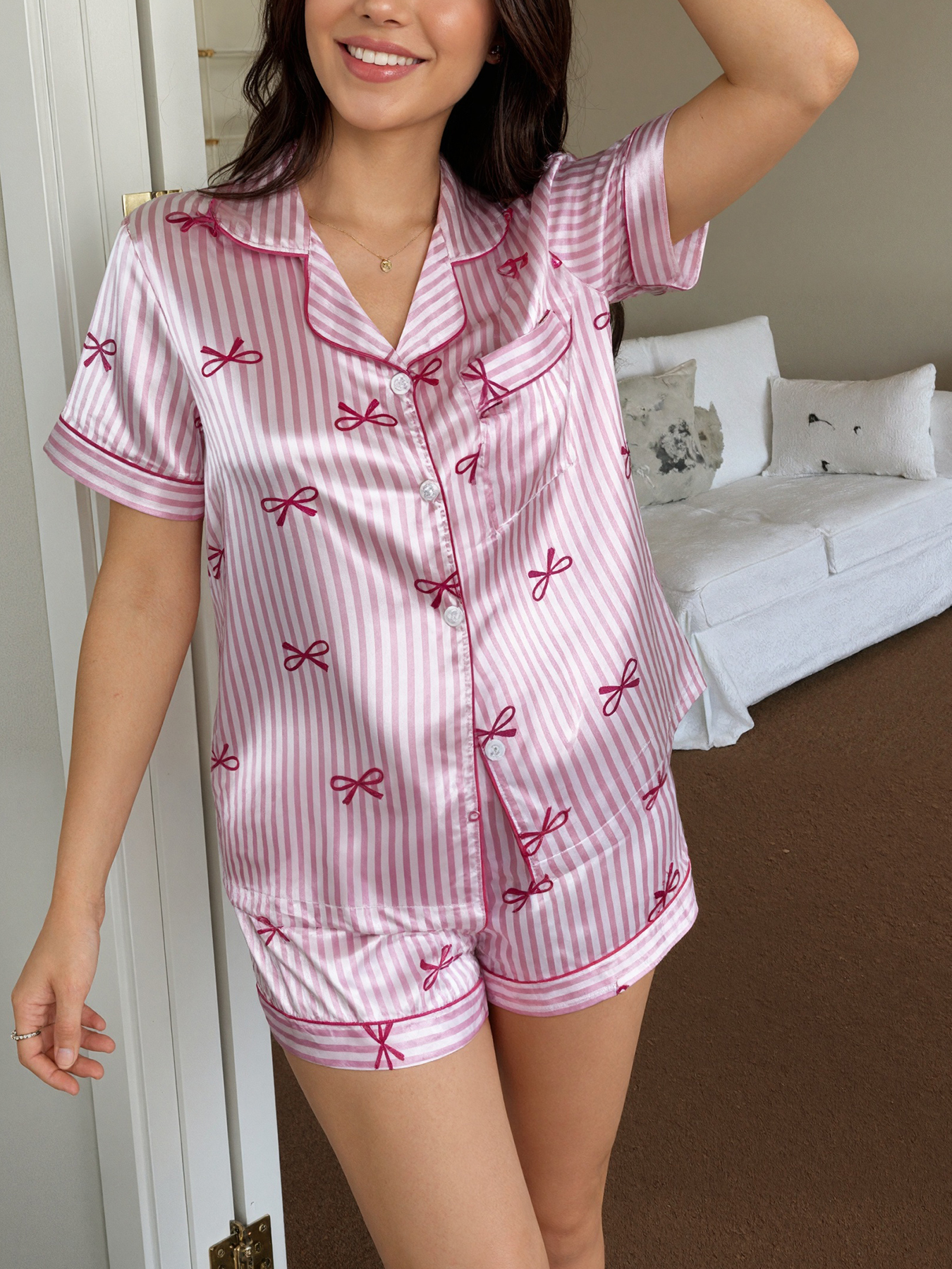 Women Pajamas Set Bow Tie Stri - đánh giá và giá Silk Tie Striped