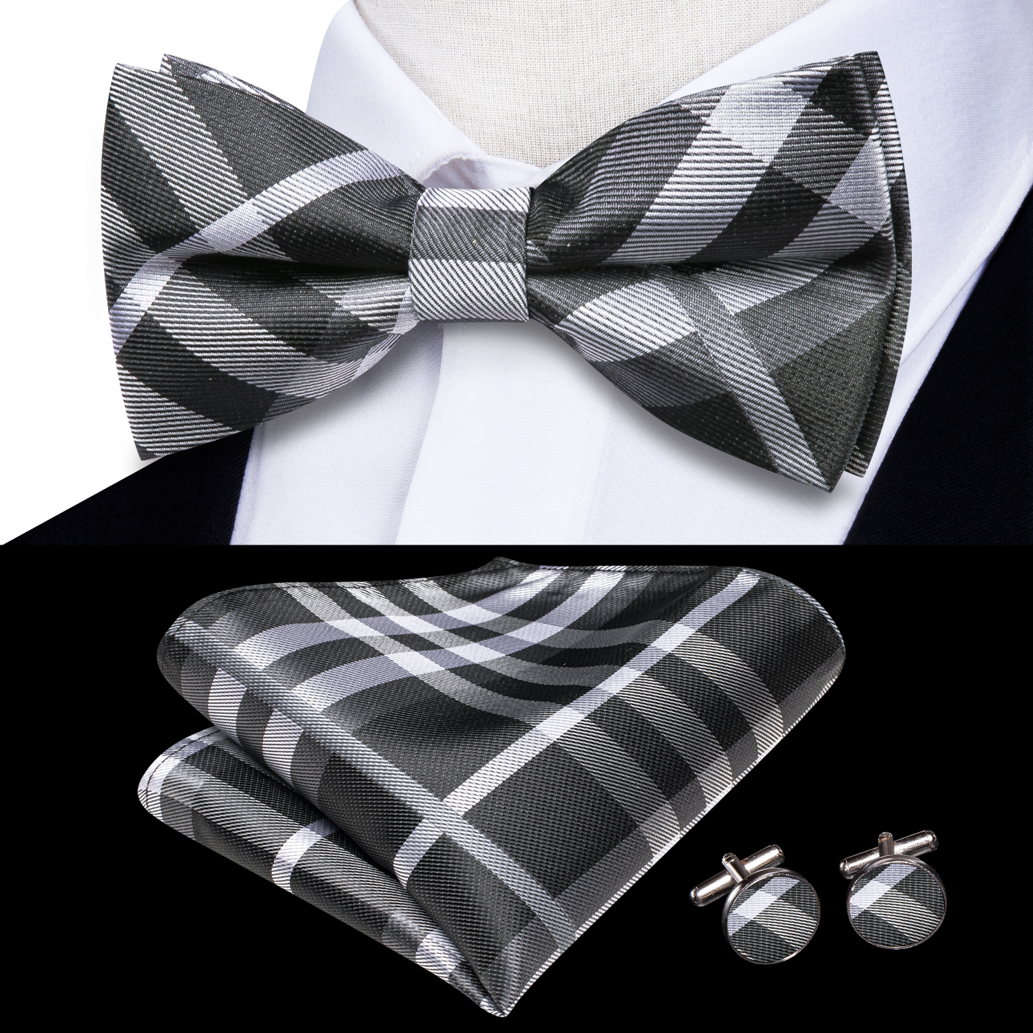 Hi-Tie Grey Plaid Jacquard Sil - đánh giá và giá Bow Tie Pre Tied